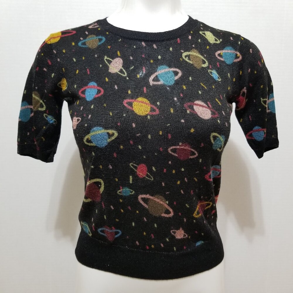Zara top Small black galaxy space planets universe Saturn metallic knit
